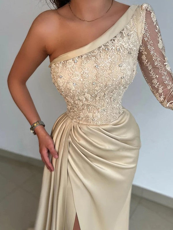 Sheath One-Shoulder Satin Long Sleeve Train Dress - Chloe Dress