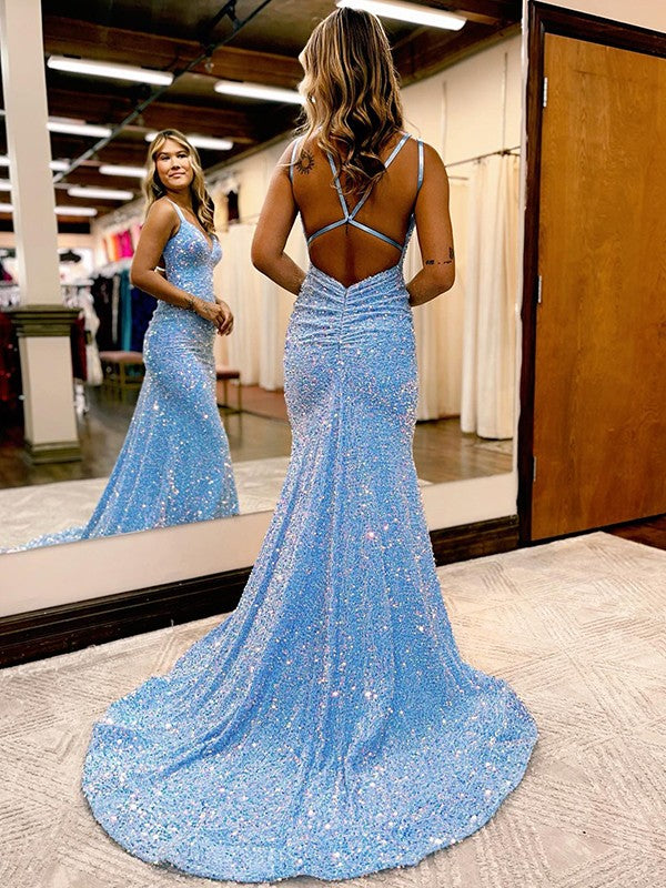 Sheath V-Neck Sequin Sleeveless Train Dress - Chloe Dress