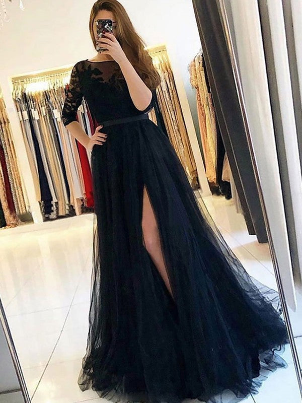 A-Line Tulle Three-Quarter Sleeve Train Dress - Chloe Dress