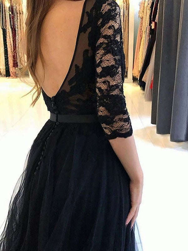 A-Line Tulle Three-Quarter Sleeve Train Dress - Chloe Dress