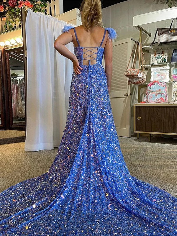 A-Line V-Neck Sequin Sleeveless Train Dress - Chloe Dress