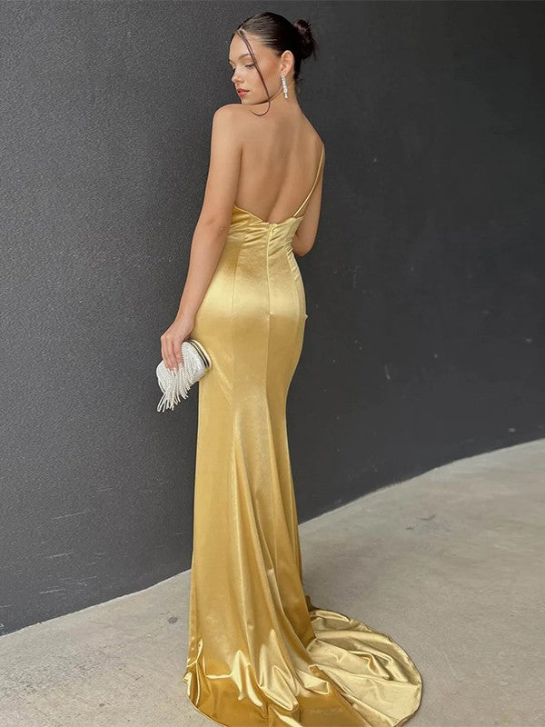 Sheath One-Shoulder Satin Sleeveless Train Dress - Chloe Dress