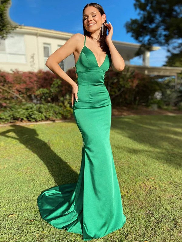Sheath V-Neck Satin Sleeveless Train Dress - Chloe Dress
