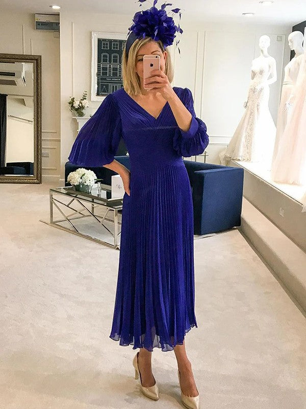 A-Line V-Neck Chiffon Three-Quarter Sleeve Ruffled Tea-Length Dress - Chloe Dress