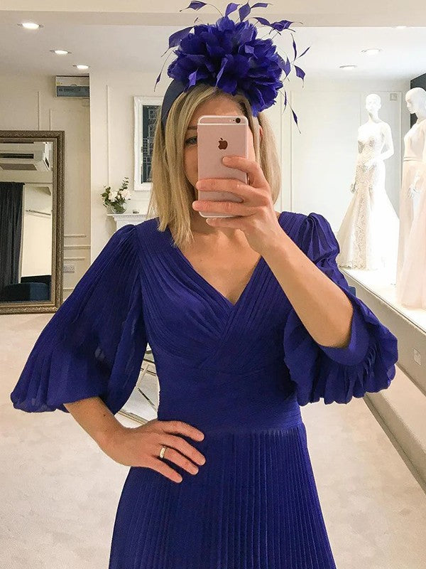 A-Line V-Neck Chiffon Three-Quarter Sleeve Ruffled Tea-Length Dress - Chloe Dress