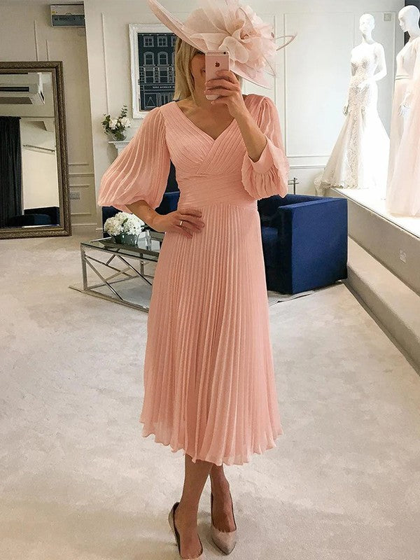 A-Line V-Neck Chiffon Three-Quarter Sleeve Ruffled Tea-Length Dress - Chloe Dress