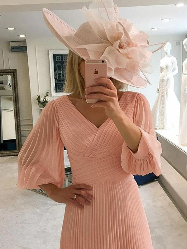 A-Line V-Neck Chiffon Three-Quarter Sleeve Ruffled Tea-Length Dress - Chloe Dress