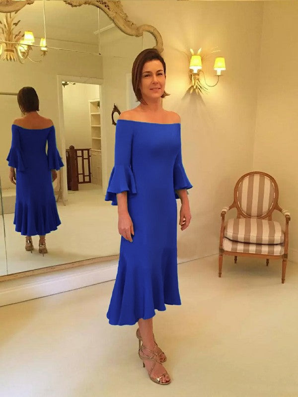 Sheath Crepe Three-Quarter Sleeve Ruffled Tea-Length Dress - Chloe Dress
