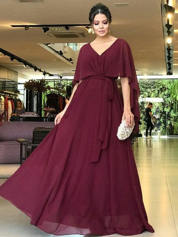 A-Line V-Neck Chiffon Short Sleeve Floor-Length Dress - Chloe Dress
