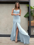 Dusty Blue V‑Neck Low Back Slit Mermaid Long Bridesmaid Dresses