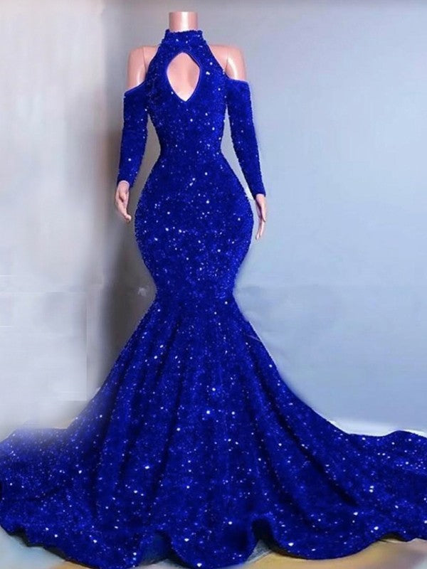 Mermaid High Neck Sequin Long Sleeve Train Dress - Chloe Dress