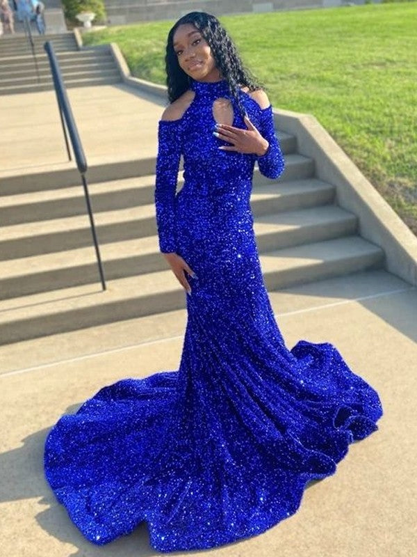 Mermaid High Neck Sequin Long Sleeve Train Dress - Chloe Dress