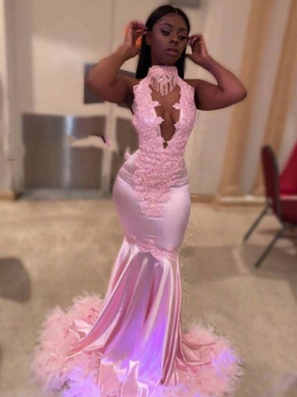 Mermaid High Neck Satin Sleeveless Train Dress - Chloe Dress