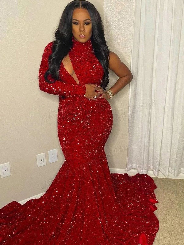 Mermaid High Neck Sequin Long Sleeve Train Dress - Chloe Dress