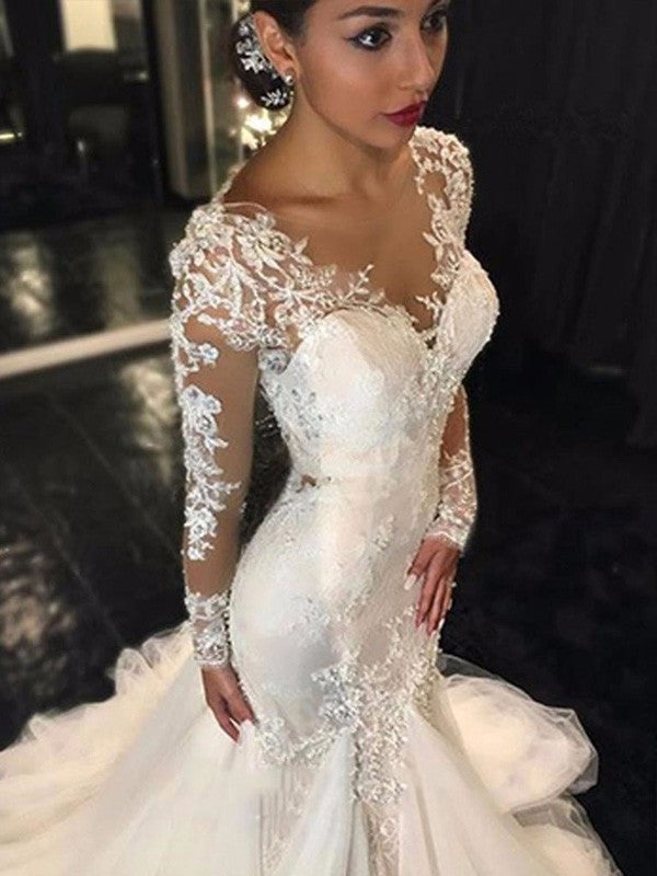 Mermaid V-Neck Tulle Long Sleeve Train Wedding Dress - Chloe Dress