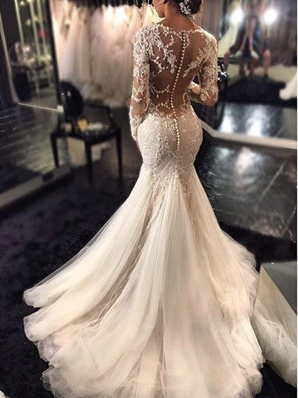 Mermaid V-Neck Tulle Long Sleeve Train Wedding Dress - Chloe Dress
