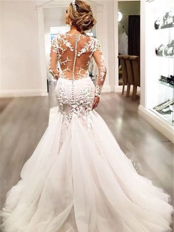 Mermaid V-Neck Tulle Long Sleeve Train Wedding Dress - Chloe Dress