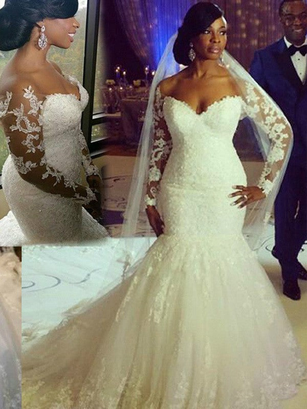 Mermaid Sweetheart Tulle Long Sleeve Train Wedding Dress - Chloe Dress
