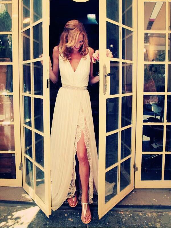 A-Line V-Neck Chiffon Sleeveless Train Wedding Dress - Chloe Dress