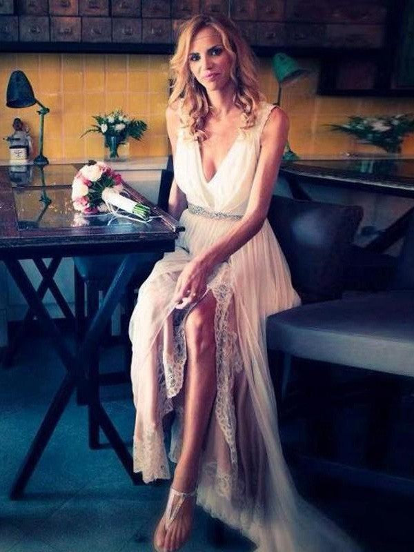 A-Line V-Neck Chiffon Sleeveless Train Wedding Dress - Chloe Dress