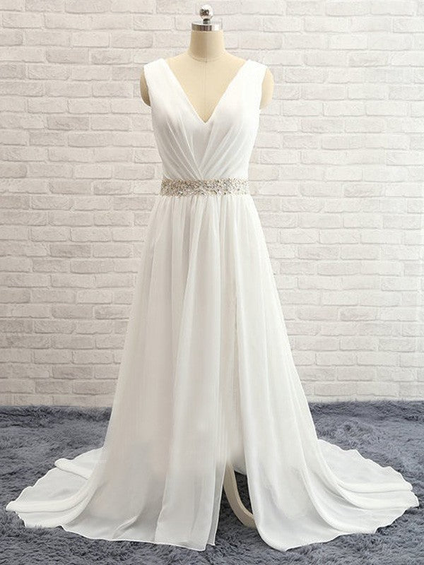 A-Line V-Neck Chiffon Sleeveless Train Wedding Dress - Chloe Dress