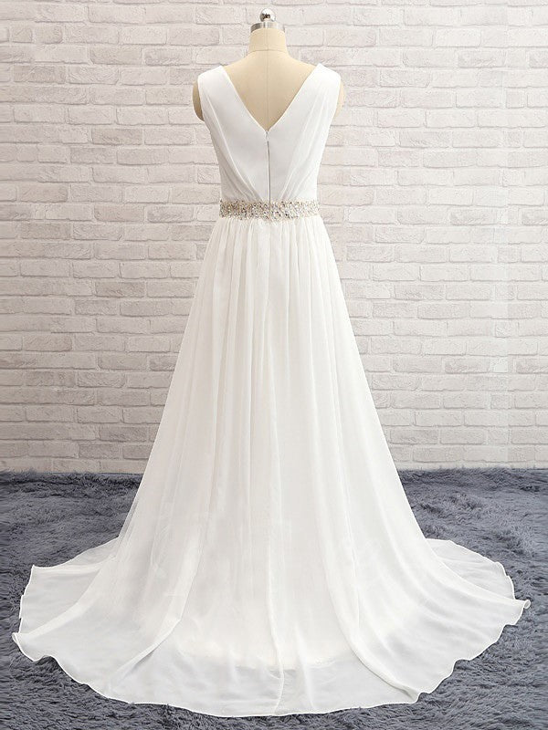 A-Line V-Neck Chiffon Sleeveless Train Wedding Dress - Chloe Dress