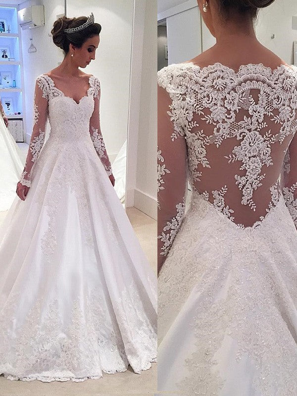 Ball Gown V-Neck Satin Long Sleeve Train Wedding Gown - Chloe Dress