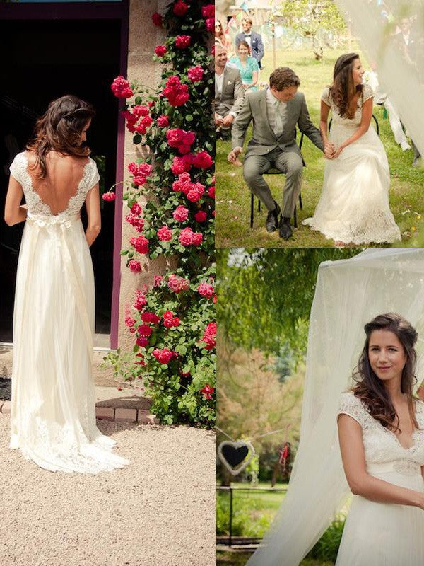 A-Line V-Neck Tulle Sleeveless Train Wedding Dress - Chloe Dress