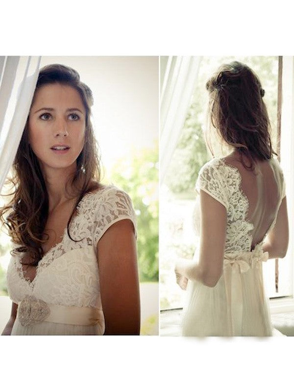 A-Line V-Neck Tulle Sleeveless Train Wedding Dress - Chloe Dress