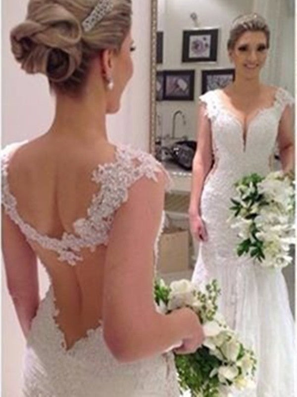 Mermaid V-Neck Lace Sleeveless Train Wedding Dress - Chloe Dress
