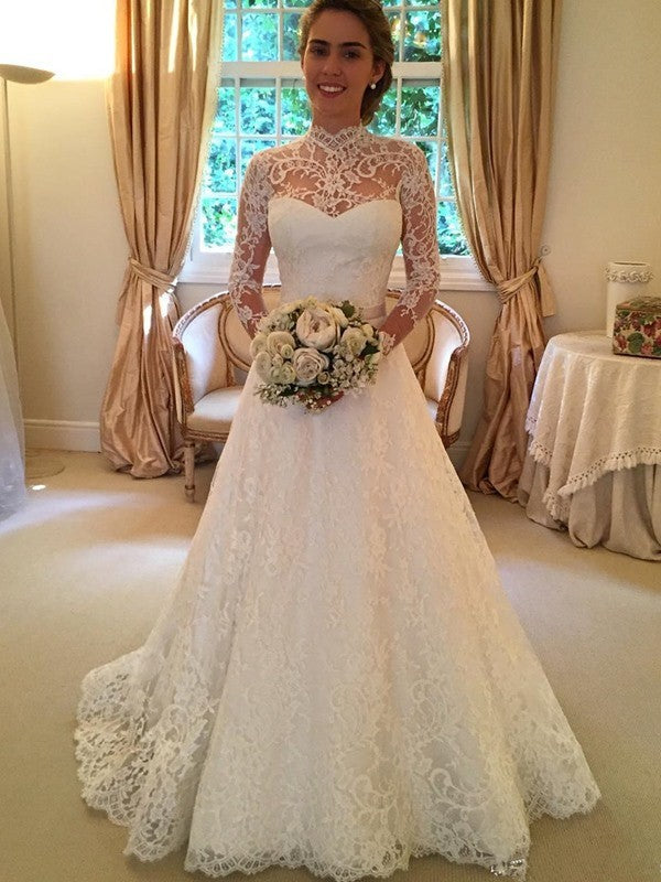 Ball Gown High Neck Lace Long Sleeve Train Wedding Gown - Chloe Dress