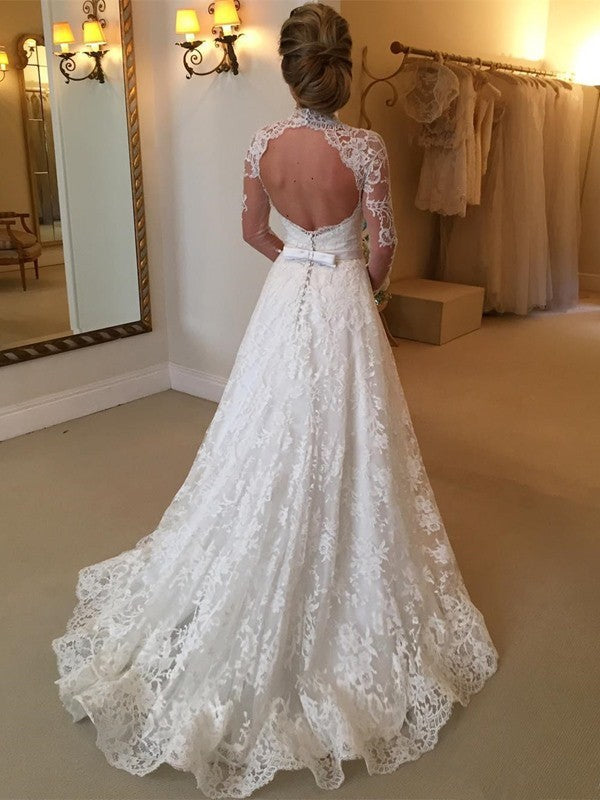 Ball Gown High Neck Lace Long Sleeve Train Wedding Gown - Chloe Dress