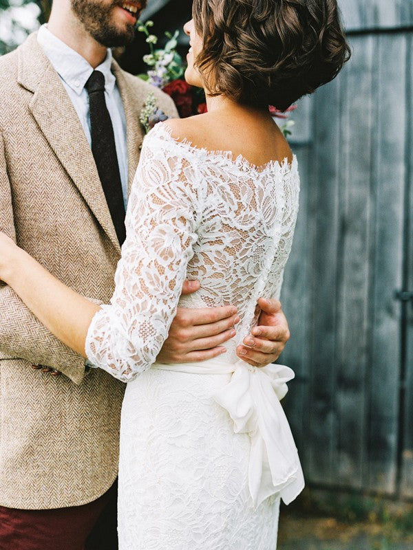 Sheath Lace Three-Quarter Sleeve Train Wedding Dress - Chloe Dress