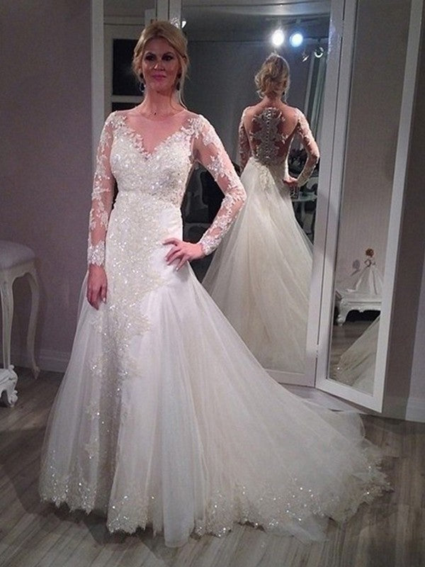 A-Line V-Neck Tulle Long Sleeve Train Wedding Dress - Chloe Dress