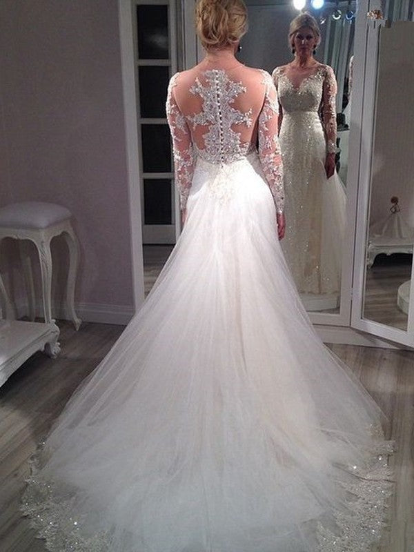 A-Line V-Neck Tulle Long Sleeve Train Wedding Dress - Chloe Dress
