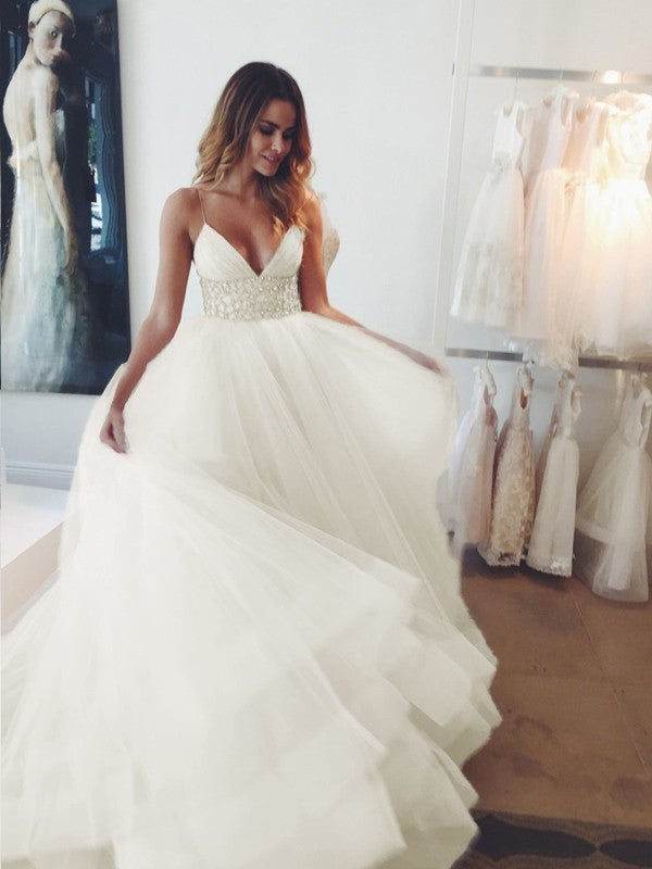 Ball Gown Spaghetti Strap Tulle Sleeveless Train Wedding Gown - Chloe Dress