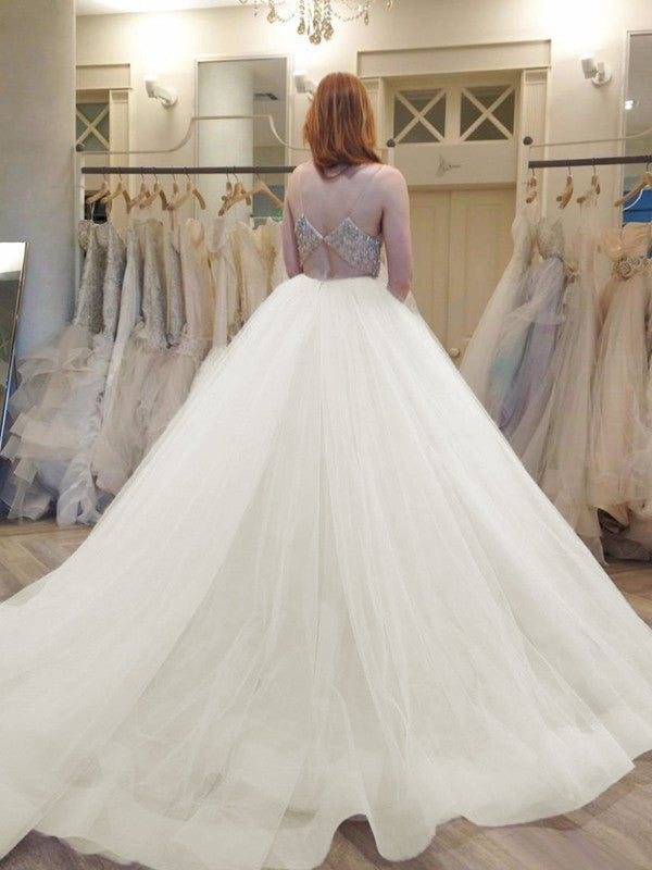 Ball Gown Spaghetti Strap Tulle Sleeveless Train Wedding Gown - Chloe Dress