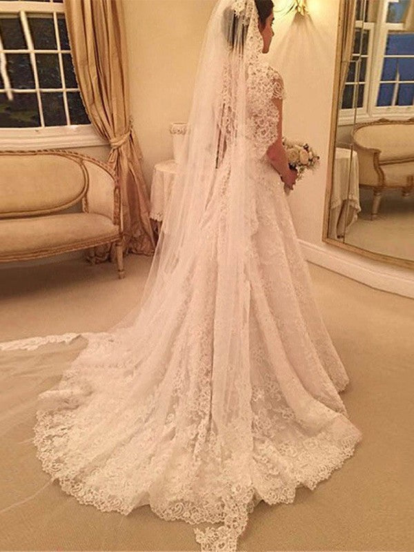 A-Line Sweetheart Lace Short Sleeve Train Mini Wedding Dress - Chloe Dress