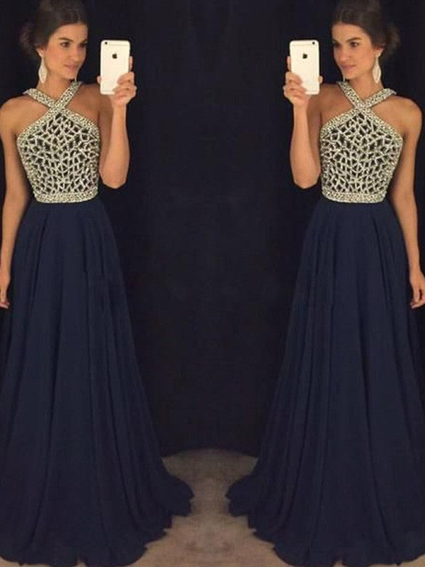 A-Line Halter Chiffon Sleeveless Floor-Length Dress - Chloe Dress