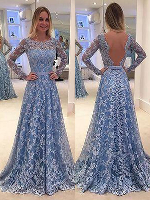 A-Line Lace Long Sleeve Ruffled Floor-Length Dress - Chloe Dress