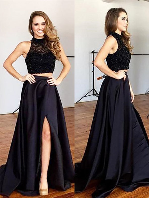 A-Line Halter Satin Sleeveless Train Dress - Chloe Dress