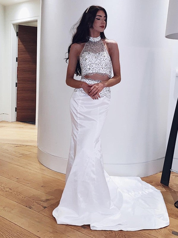 Mermaid High Neck Satin Sleeveless Train Dress - Chloe Dress