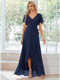 A-Line V-Neck Chiffon Short Sleeve Ruffled Mini Wedding Dress - Chloe Dress
