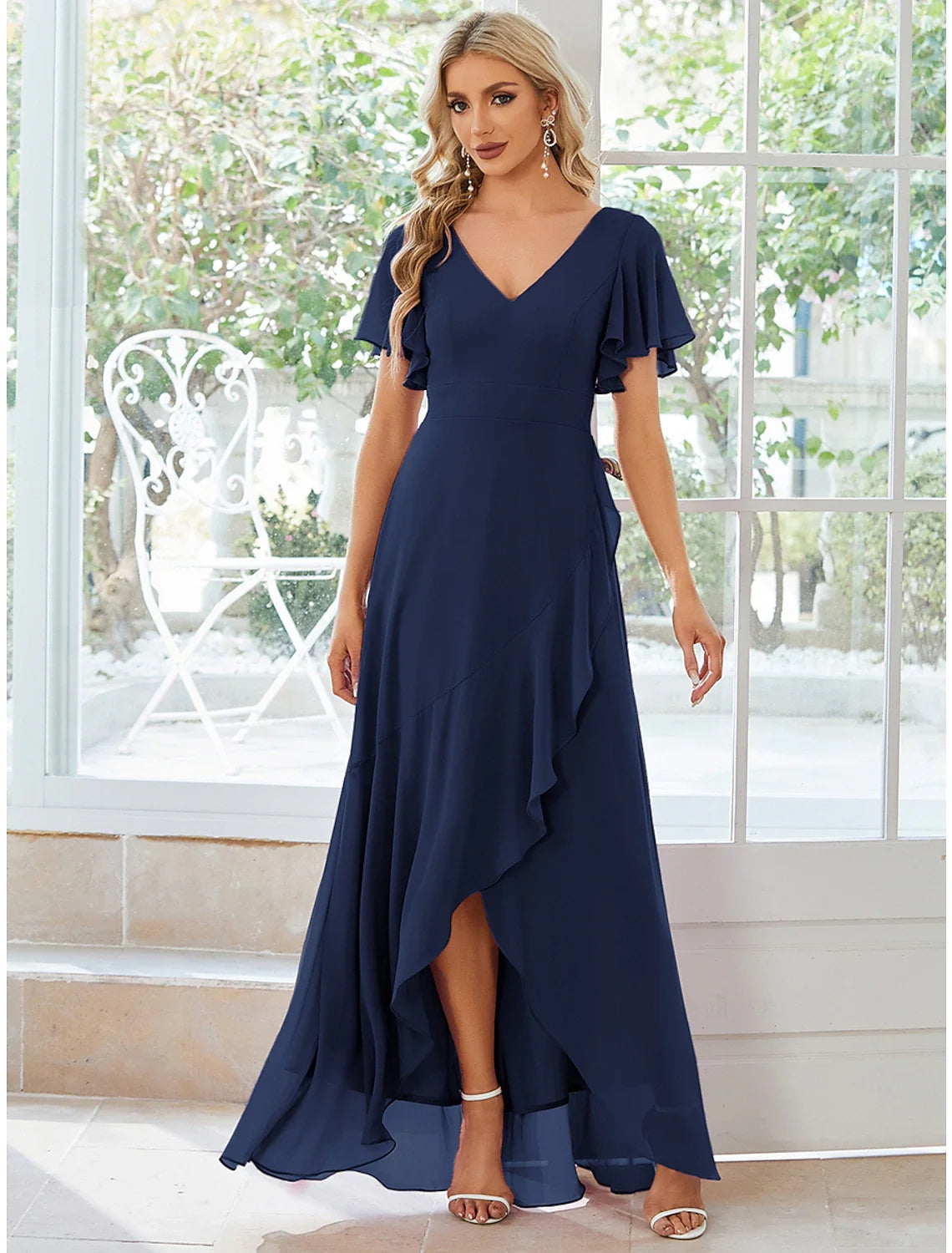 A-Line V-Neck Chiffon Short Sleeve Ruffled Mini Wedding Dress - Chloe Dress