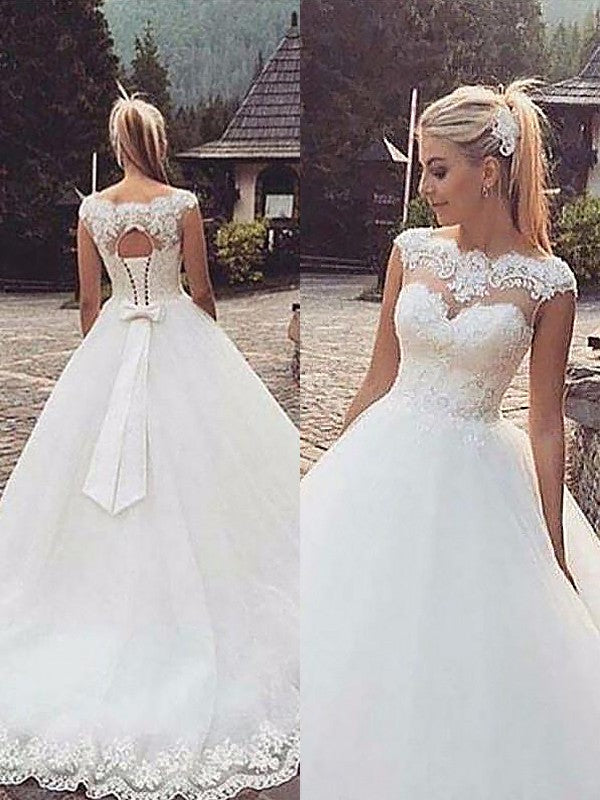Ball Gown Tulle Sleeveless Train Tea-Length Wedding Gown - Chloe Dress