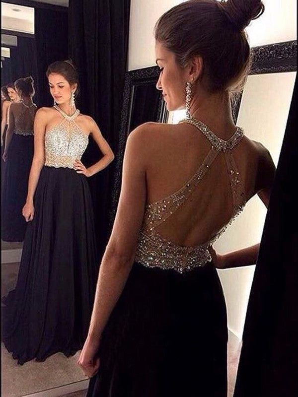 A-Line Halter Chiffon Sleeveless Train Dress - Chloe Dress