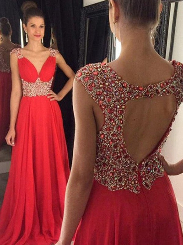 A-Line V-Neck Chiffon Sleeveless Train Dress - Chloe Dress