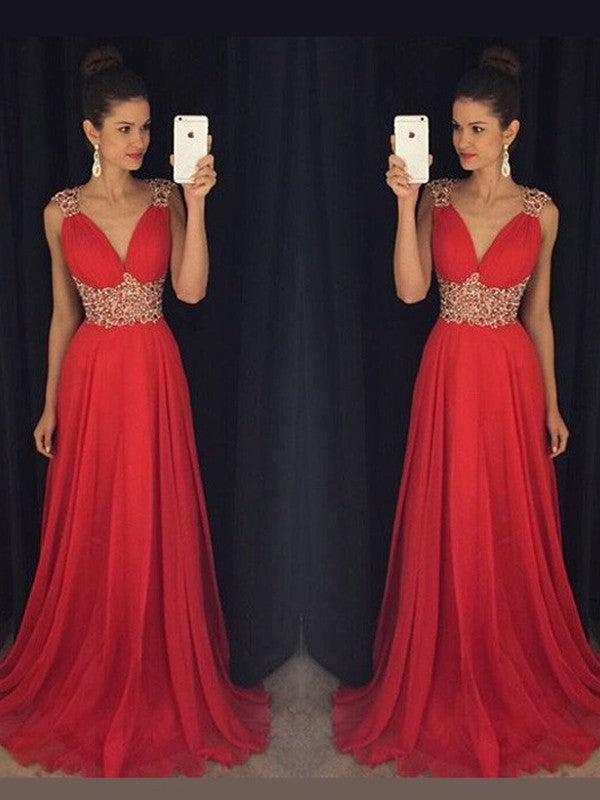 A-Line V-Neck Chiffon Sleeveless Train Dress - Chloe Dress