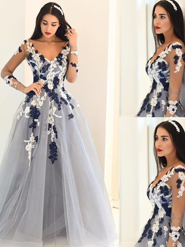 A-Line V-Neck Tulle Long Sleeve Applique Floor-Length Dress - Chloe Dress