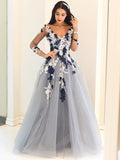 A-Line V-Neck Tulle Long Sleeve Applique Floor-Length Dress - Chloe Dress